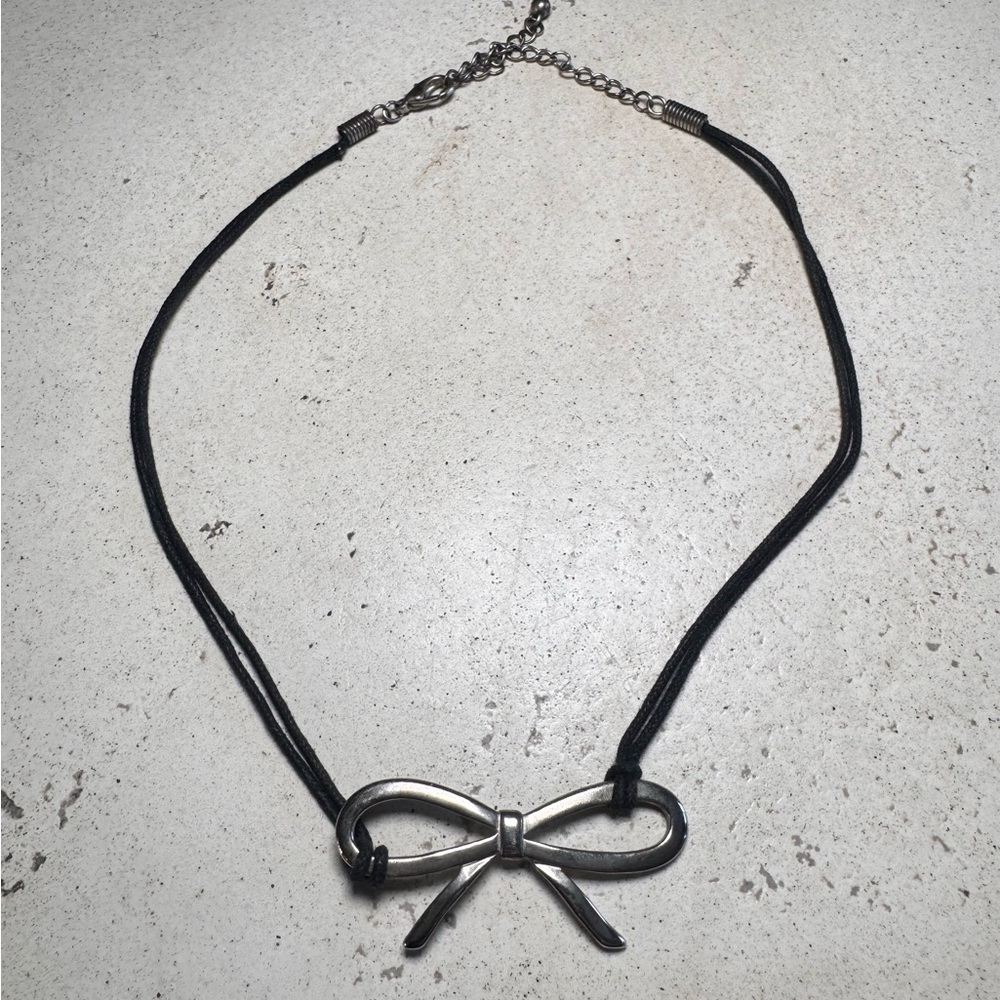 Black Cord Silver Bow Choker Necklace